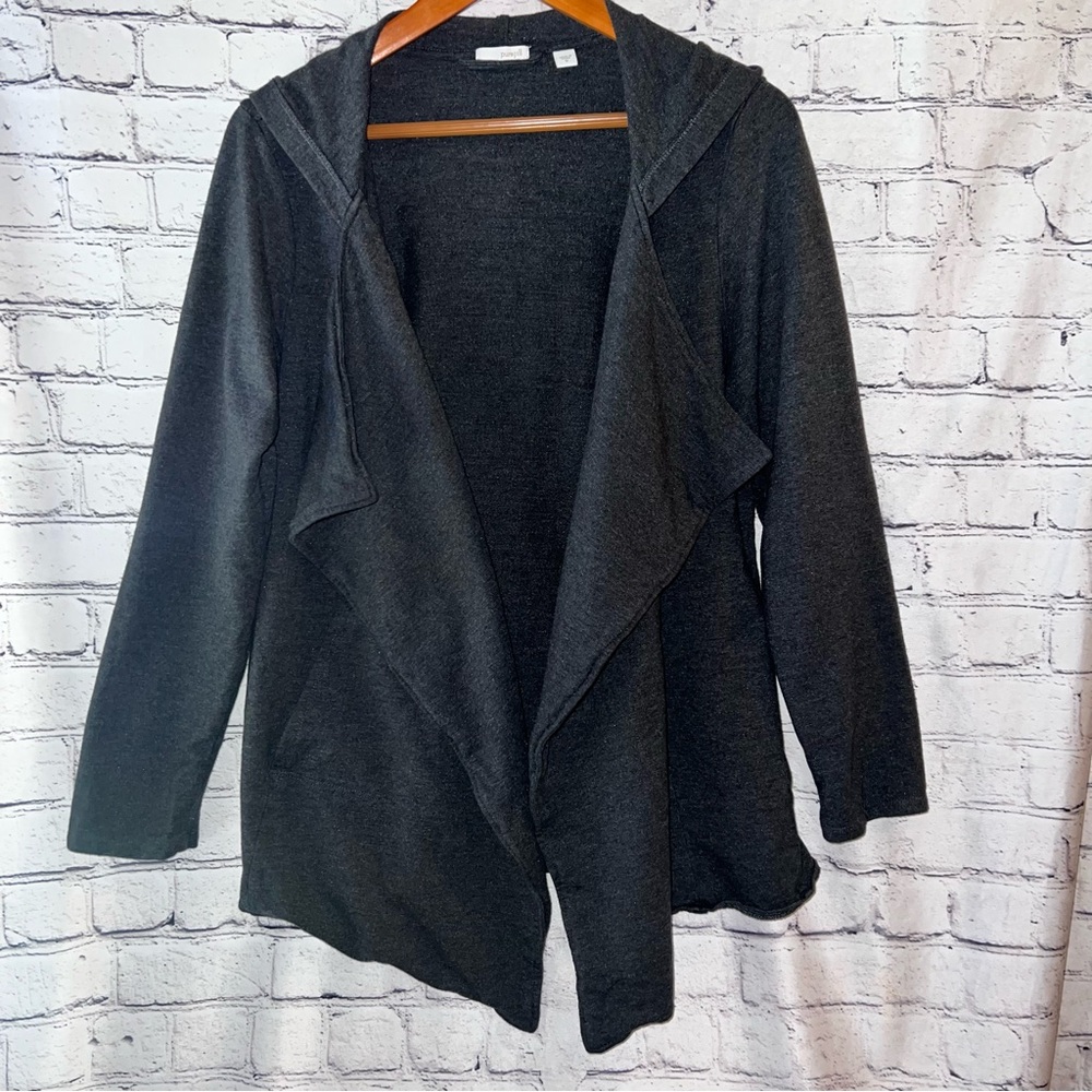 J. Jill Pima‎ Cotton Layered Open Front Hooded Cardigan Dark Gray Size Medium